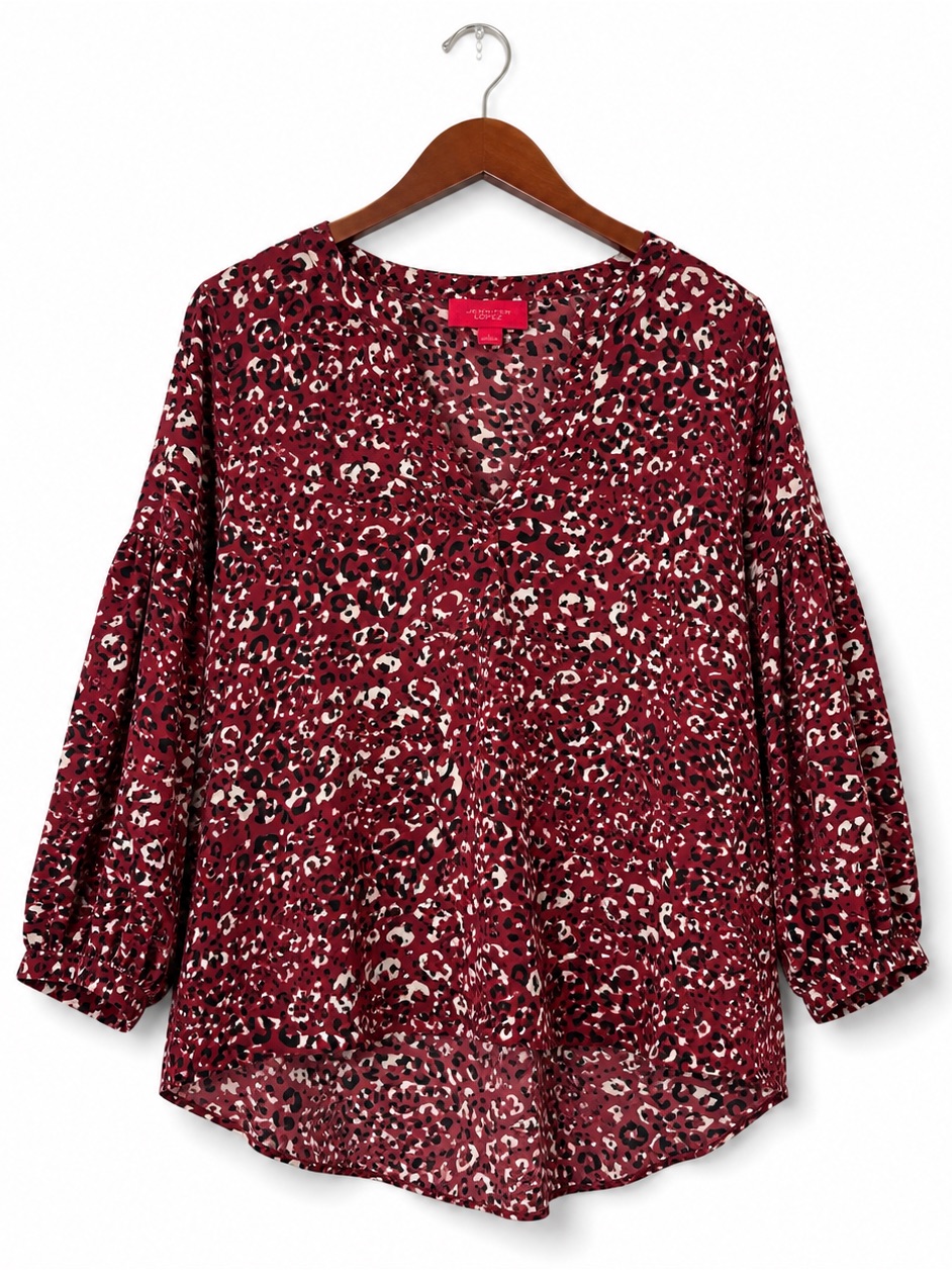 Jennifer Lopez Leopard Print Blouse Burgundy Balloon Sleeve Hi Low Large — image 2 of 8